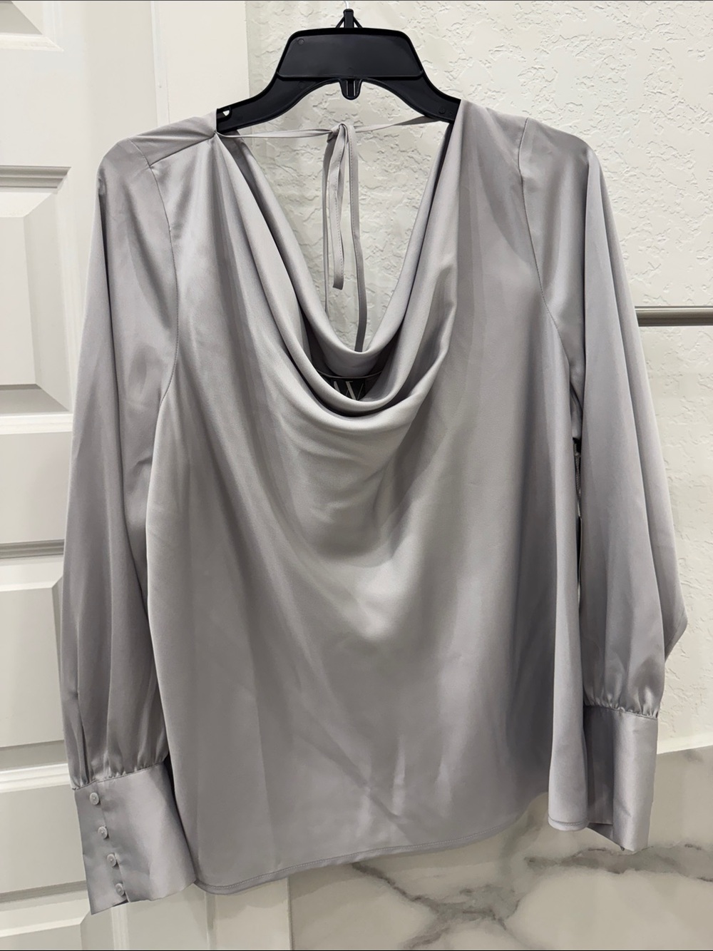 Worthington Silver-Gray Satin Cowl Neck Blouse-so silky!